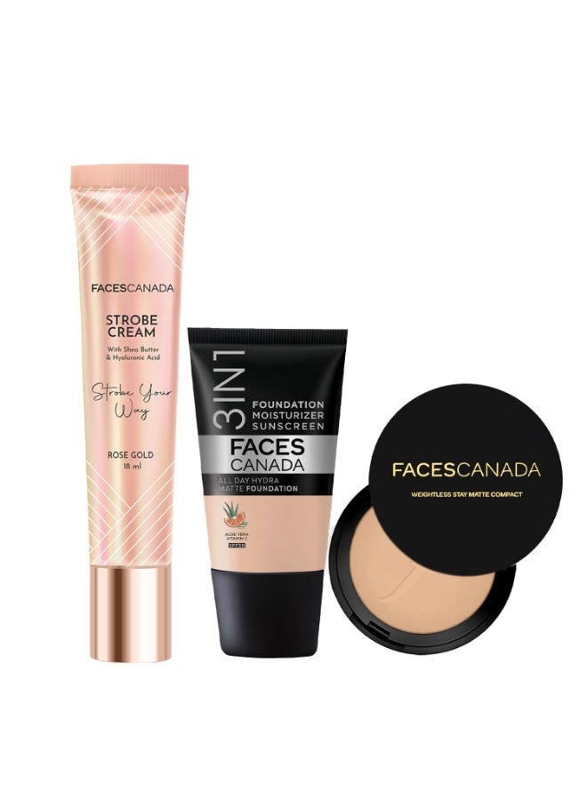 Facescanada FACES CANADA All Day Glam Combo - Strobe Cream - Rose Gold (18 ml) + Weightless Stay Matte Compact Powder - Beige 03 (9 gm) - Hydra Matte Foundation - Rose Ivory 011 (18 ml) | Illuminating & Glowing Makeup Base | 10HR Long Wear - Image 1